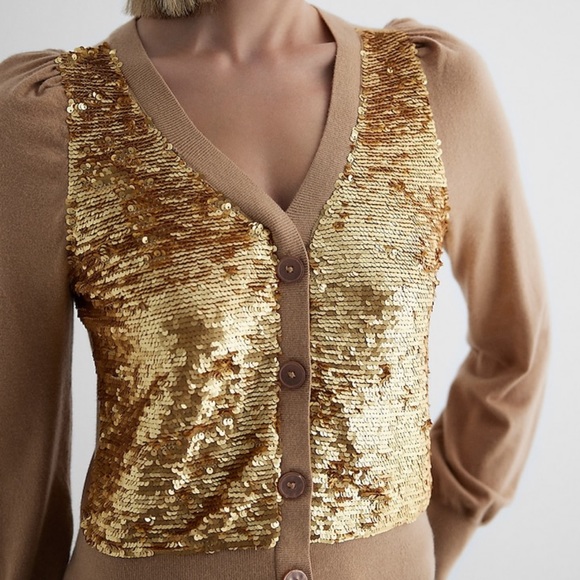 NWT Express Women's Sequin Long Sleeve Button Front Cardigan Sweater Top XS Gold - Picture 2 of 15